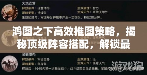鸿图之下高效推图策略，揭秘顶级阵容搭配，解锁最佳组合奥秘