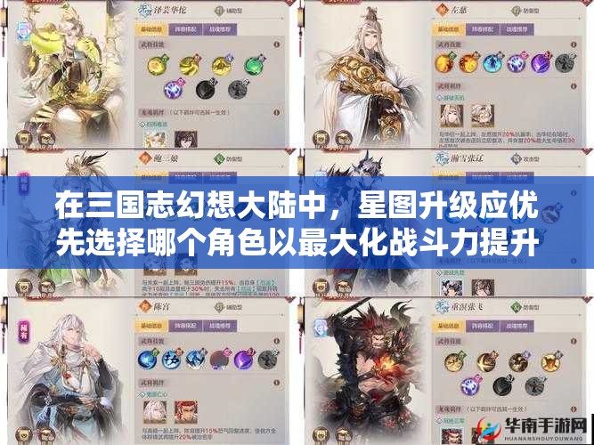在三国志幻想大陆中，星图升级应优先选择哪个角色以最大化战斗力提升？